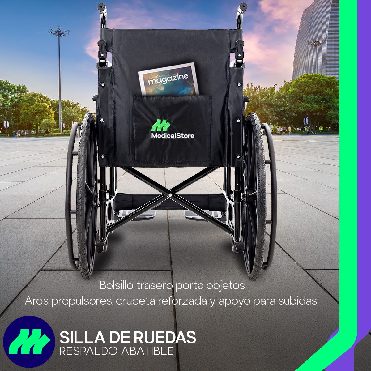Silla de Ruedas Plegable de Lujo Ortopédica Respaldo Abatible Ruedas Grandes y Accesorios para Movilidad para Mayor Comodidad