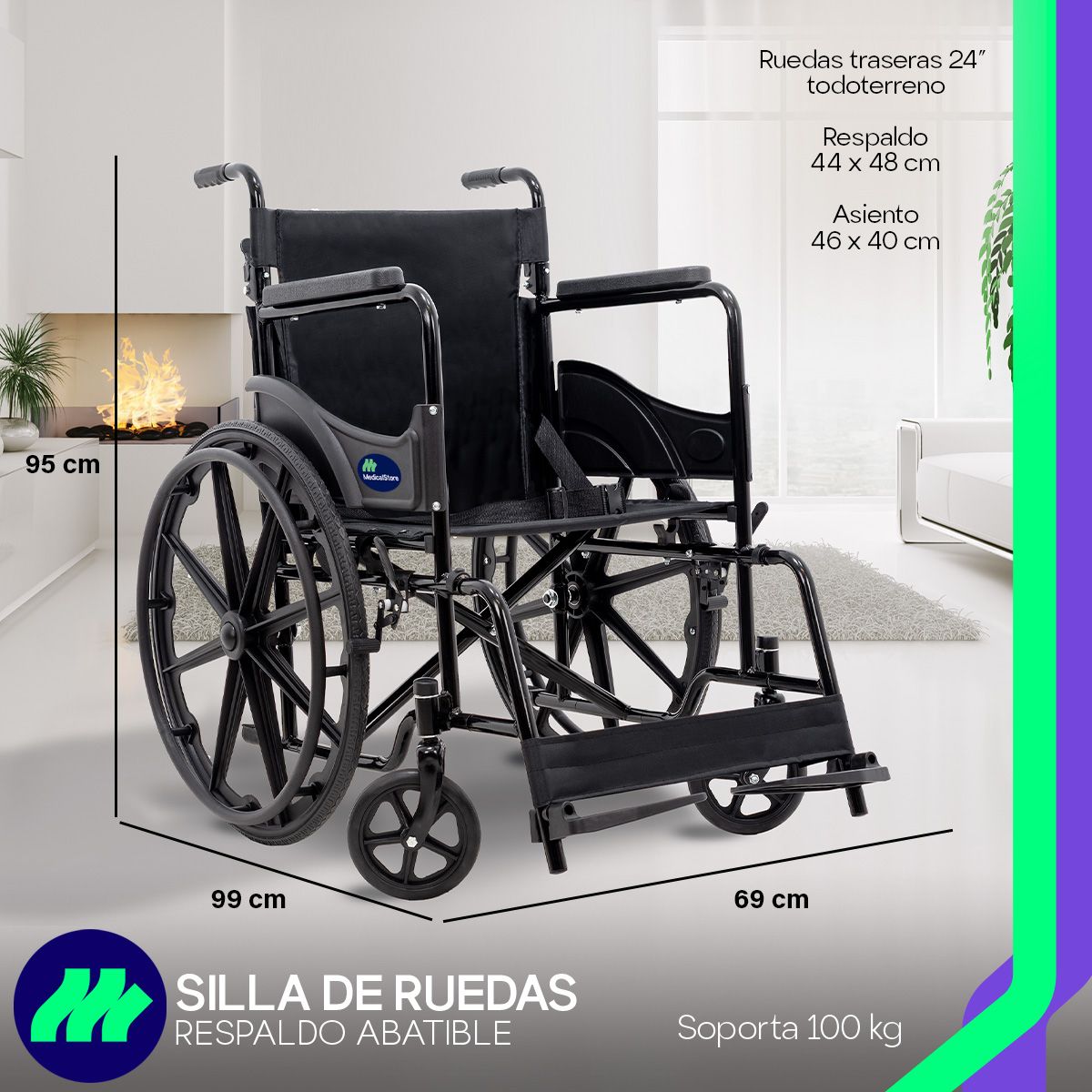 Silla de Ruedas Plegable de Lujo Ortopédica Respaldo Abatible Ruedas Grandes y Accesorios para Movilidad para Mayor Comodidad