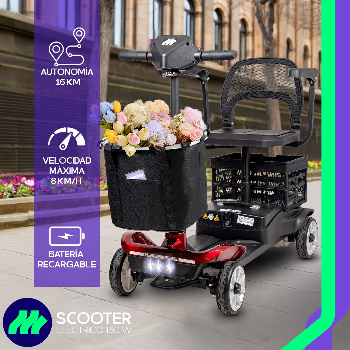 Scooter Eléctrico Para Adultos Mayores 4 Ruedas Con Canasta Ajustable Motor 250w Todo Terreno Plegable