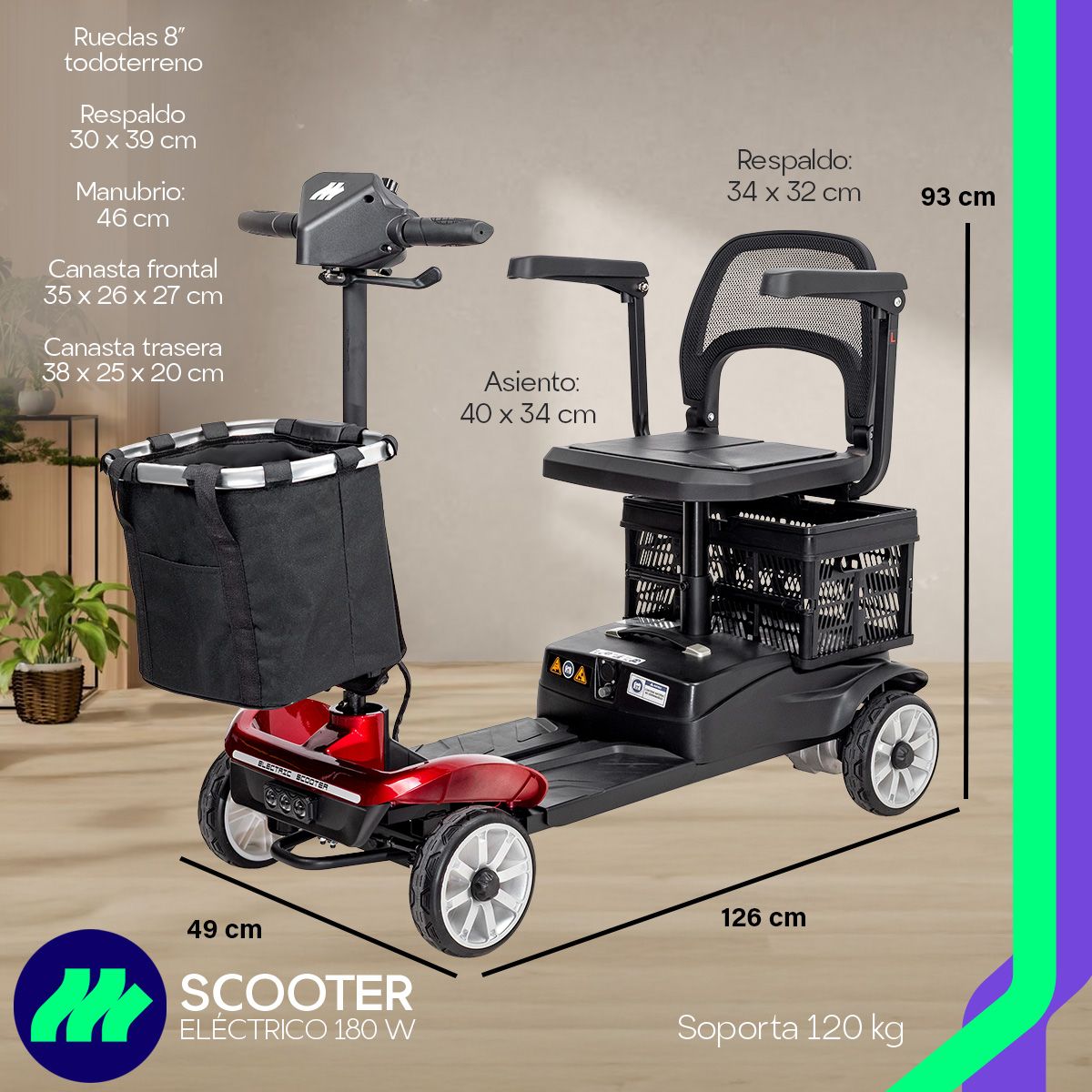 Scooter Eléctrico Para Adultos Mayores 4 Ruedas Con Canasta Ajustable Motor 250w Todo Terreno Plegable