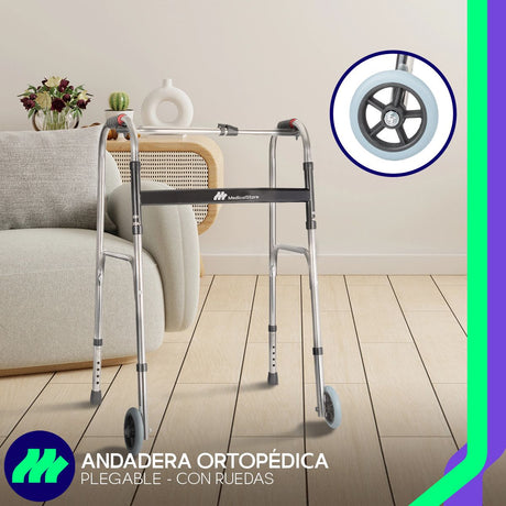 Andadera ortopédica plegable con ruedas doble refuerzo lateral altura ajustable sin herramientas estructura metálica y diseño ergonómico
