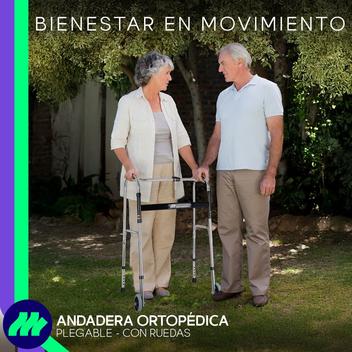 Andadera ortopédica plegable con ruedas doble refuerzo lateral altura ajustable sin herramientas estructura metálica y diseño ergonómico