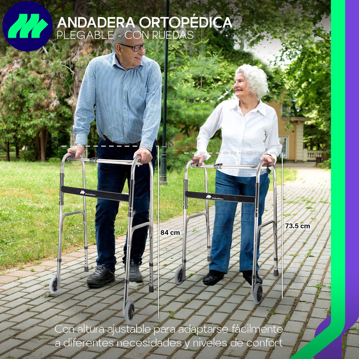 Andadera ortopédica plegable con ruedas doble refuerzo lateral altura ajustable sin herramientas estructura metálica y diseño ergonómico