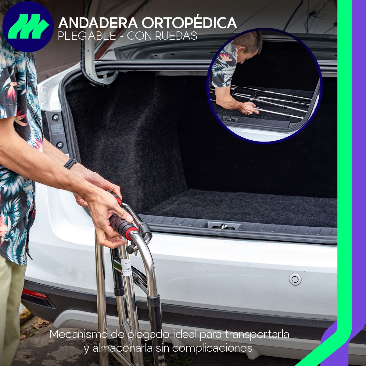 Andadera ortopédica plegable con ruedas doble refuerzo lateral altura ajustable sin herramientas estructura metálica y diseño ergonómico