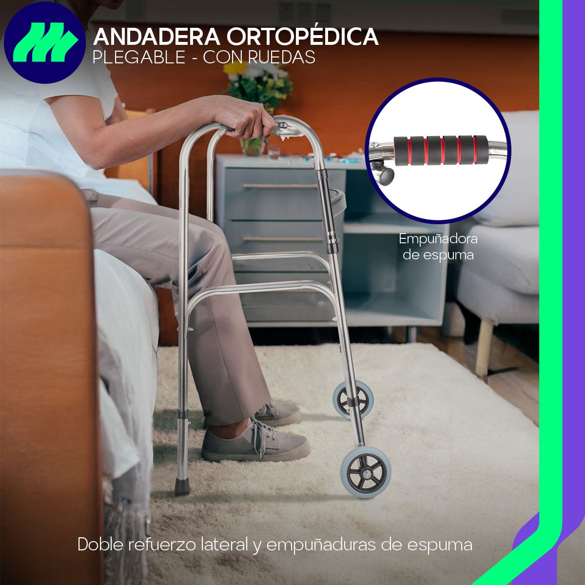 Andadera ortopédica plegable con ruedas doble refuerzo lateral altura ajustable sin herramientas estructura metálica y diseño ergonómico
