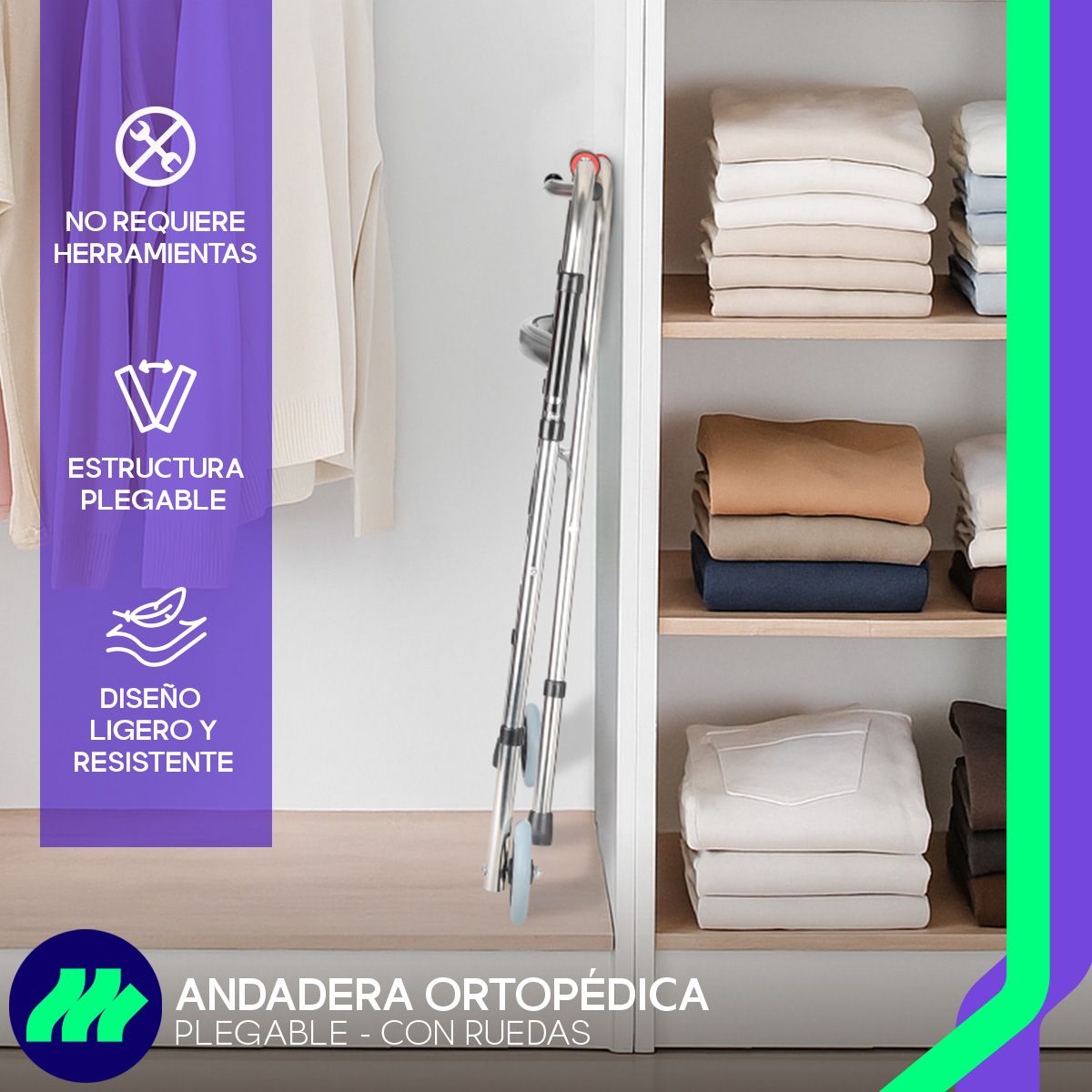 Andadera ortopédica plegable con ruedas doble refuerzo lateral altura ajustable sin herramientas estructura metálica y diseño ergonómico