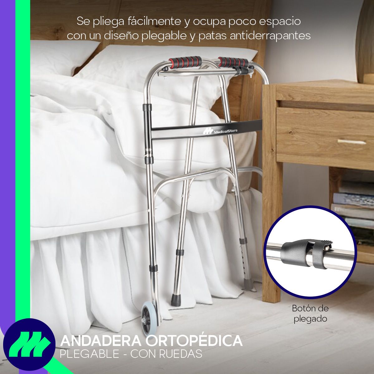 Andadera ortopédica plegable con ruedas doble refuerzo lateral altura ajustable sin herramientas estructura metálica y diseño ergonómico