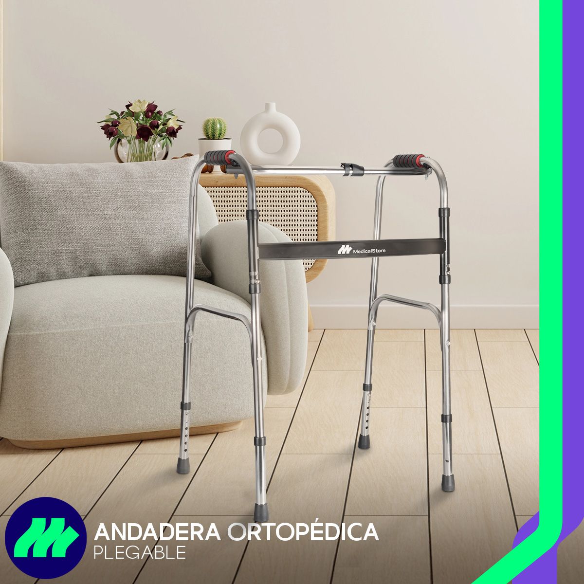 Andadera ortopédica para adulto estructura resistente plegado rápido antiderrapante ligera ajustable en altura movilidad reducida.