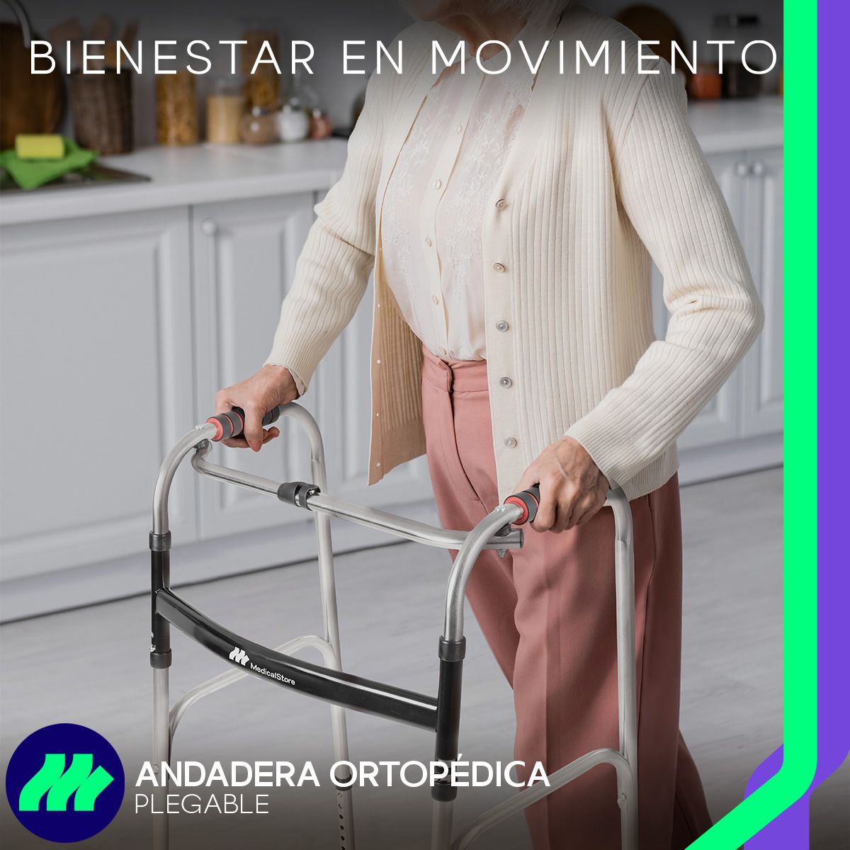 Andadera ortopédica para adulto estructura resistente plegado rápido antiderrapante ligera ajustable en altura movilidad reducida.