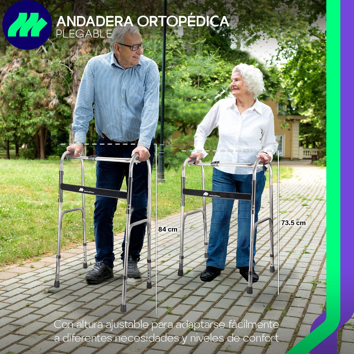 Andadera ortopédica para adulto estructura resistente plegado rápido antiderrapante ligera ajustable en altura movilidad reducida.