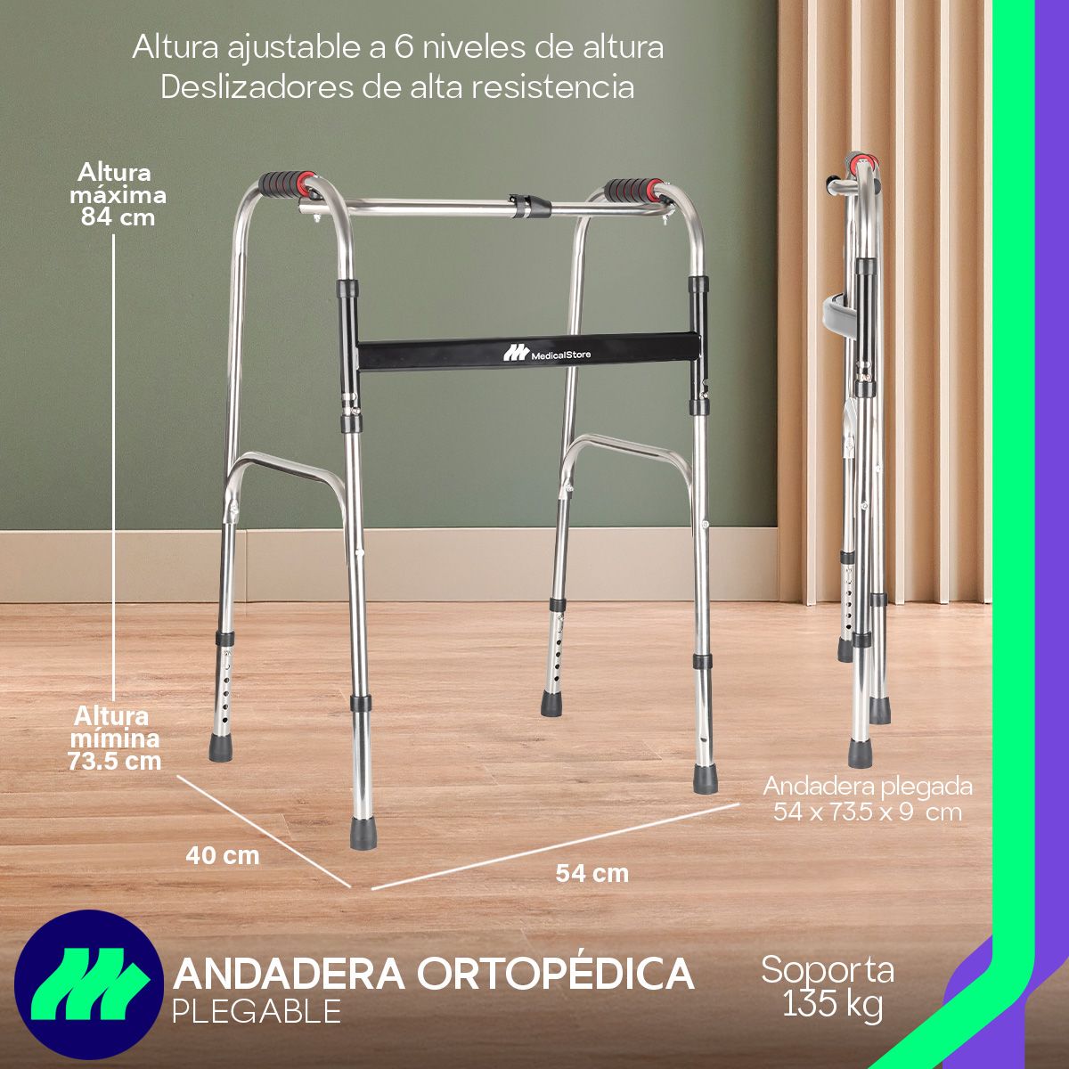 Andadera ortopédica para adulto estructura resistente plegado rápido antiderrapante ligera ajustable en altura movilidad reducida.