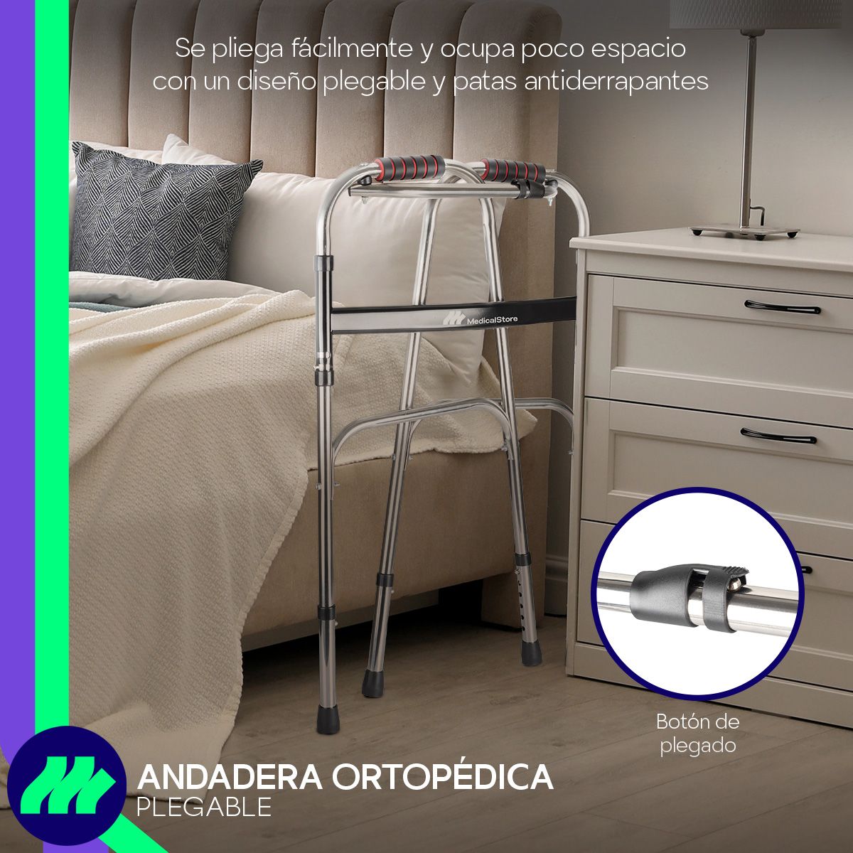 Andadera ortopédica para adulto estructura resistente plegado rápido antiderrapante ligera ajustable en altura movilidad reducida.