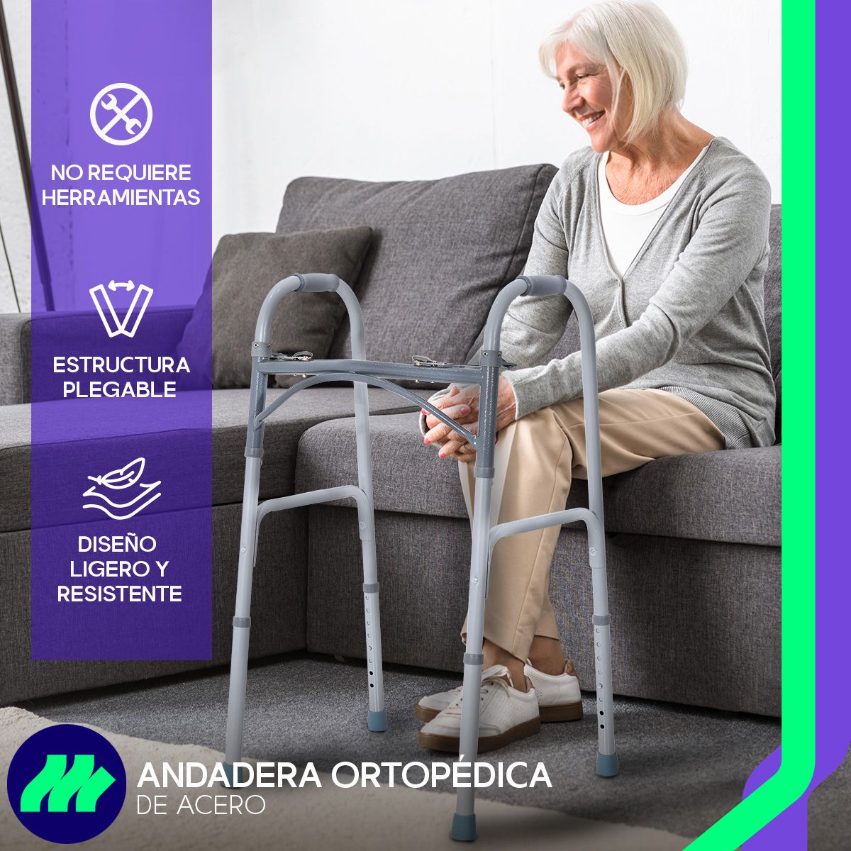 Andadera Aluminio Plegable con Regatones Antiderrapantes Empuñaduras Texturizadas Altura Ajustable Ligera y Resistente para Adultos