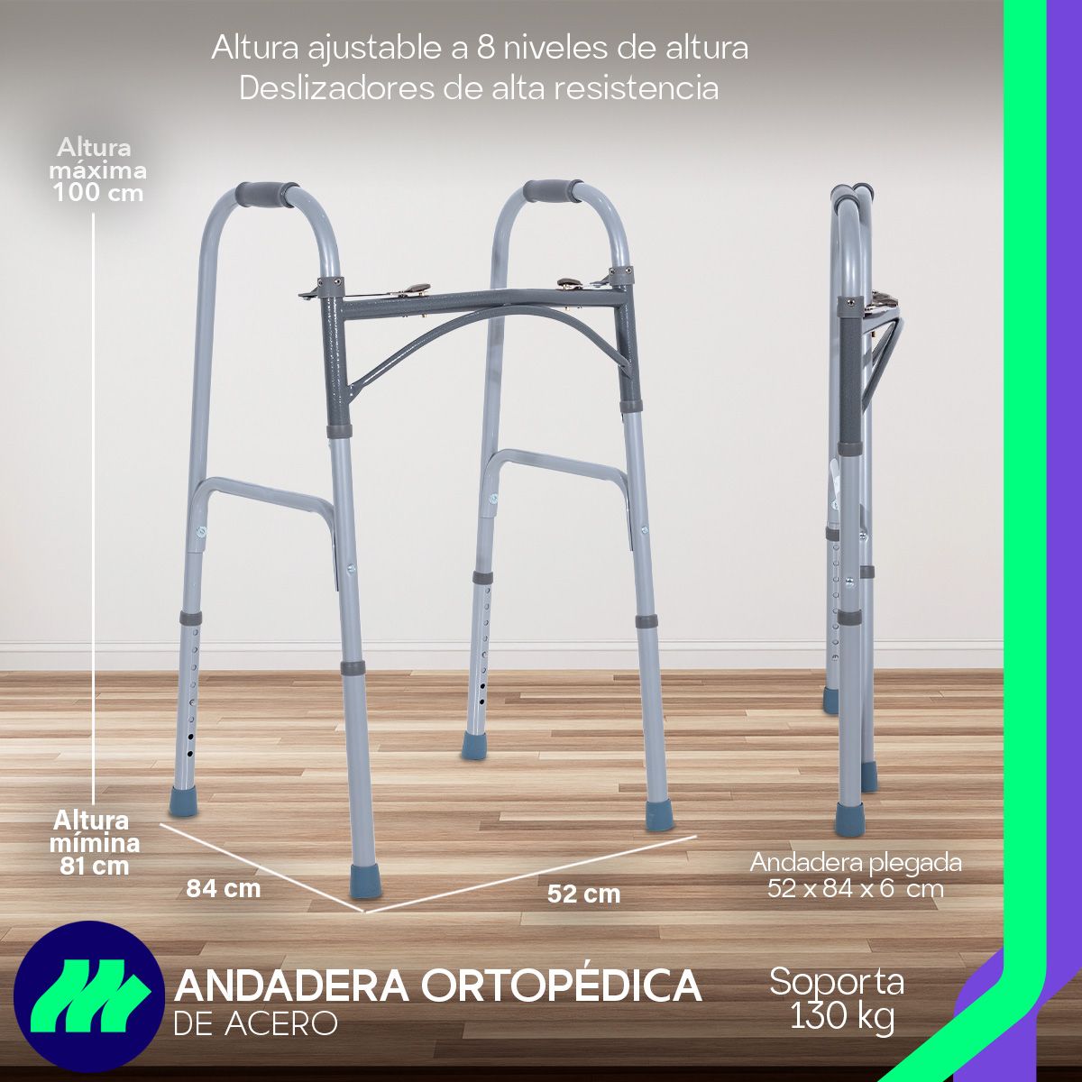 Andadera Aluminio Plegable con Regatones Antiderrapantes Empuñaduras Texturizadas Altura Ajustable Ligera y Resistente para Adultos