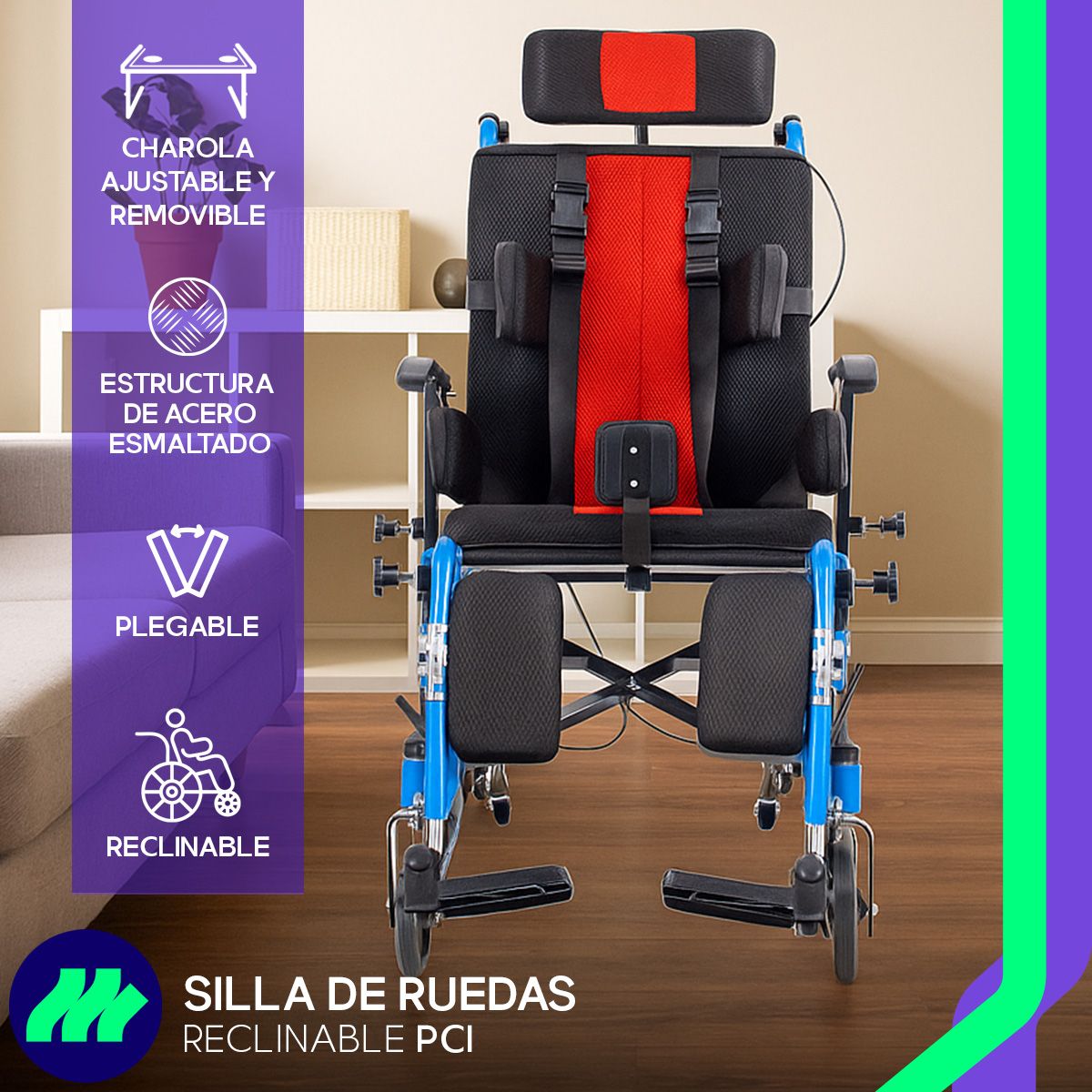 Silla De Ruedas Pci Infantil Ortopédica Reclinable Plegable Con Charola Ajustable Cojines Laterales Y Ruedas Antivuelco