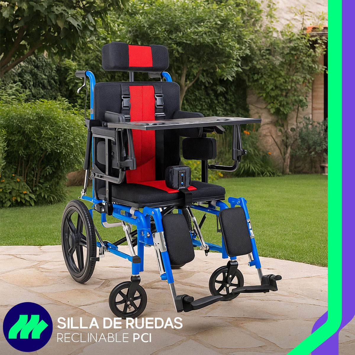 Silla De Ruedas Pci Infantil Ortopédica Reclinable Plegable Con Charola Ajustable Cojines Laterales Y Ruedas Antivuelco
