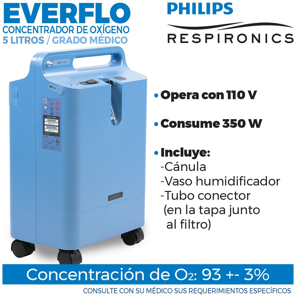 Concentrador de Oxígeno EverFlo Philips Respironics 5 Litros Grado Médico con Alarmas, Ligero y Eficiente