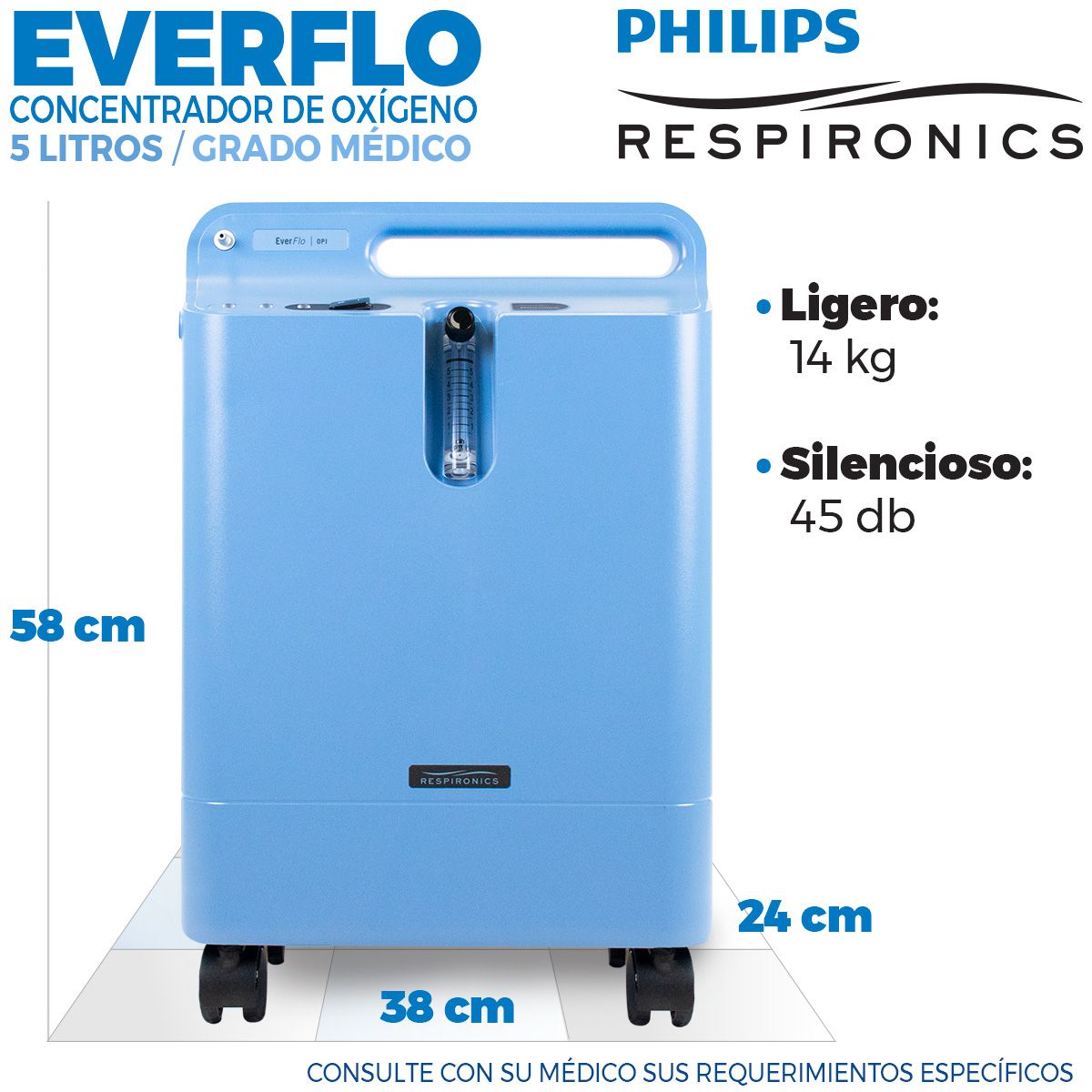 Concentrador de Oxígeno EverFlo Philips Respironics 5 Litros Grado Médico con Alarmas, Ligero y Eficiente