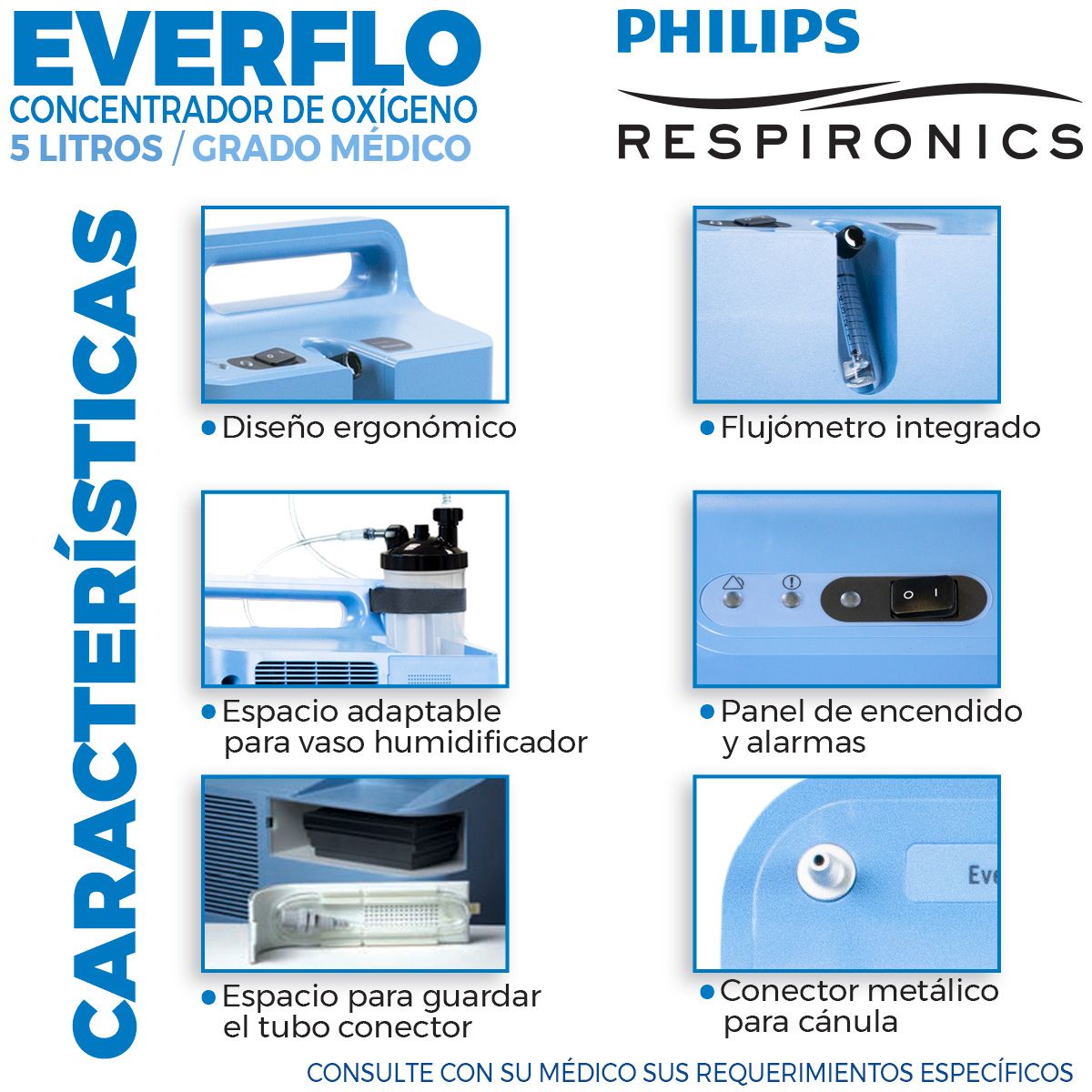 Concentrador de Oxígeno EverFlo Philips Respironics 5 Litros Grado Médico con Alarmas, Ligero y Eficiente