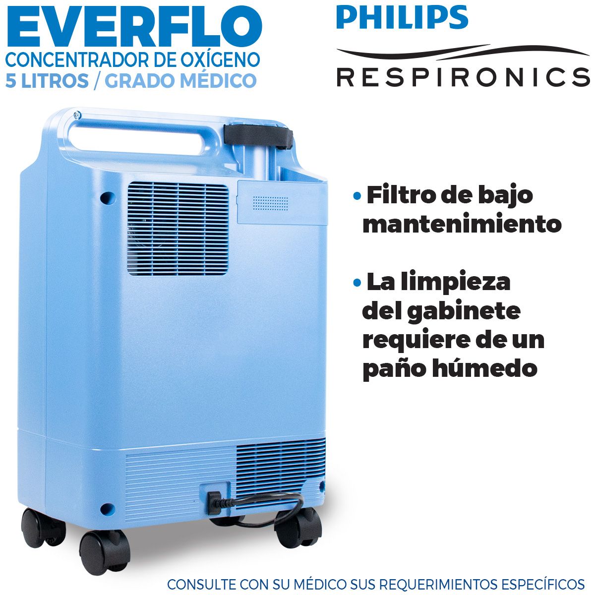 Concentrador de Oxígeno EverFlo Philips Respironics 5 Litros Grado Médico con Alarmas, Ligero y Eficiente