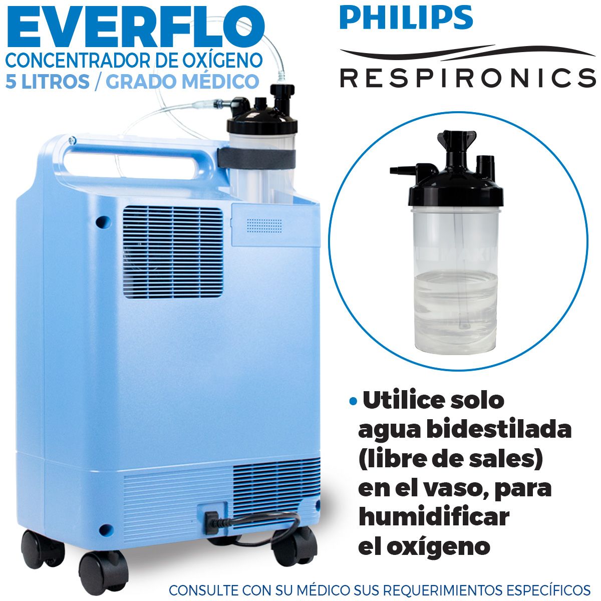 Concentrador de Oxígeno EverFlo Philips Respironics 5 Litros Grado Médico con Alarmas, Ligero y Eficiente
