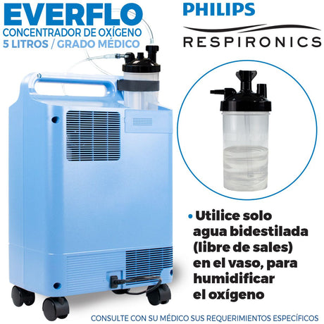 Concentrador de Oxígeno EverFlo Philips Respironics 5 Litros Grado Médico con Alarmas, Ligero y Eficiente