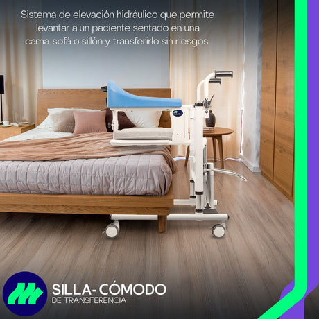 Sistema de elevación hidráulico frontal que permite subir y bajar la silla de forma suave y segura durante la transferencia del paciente.