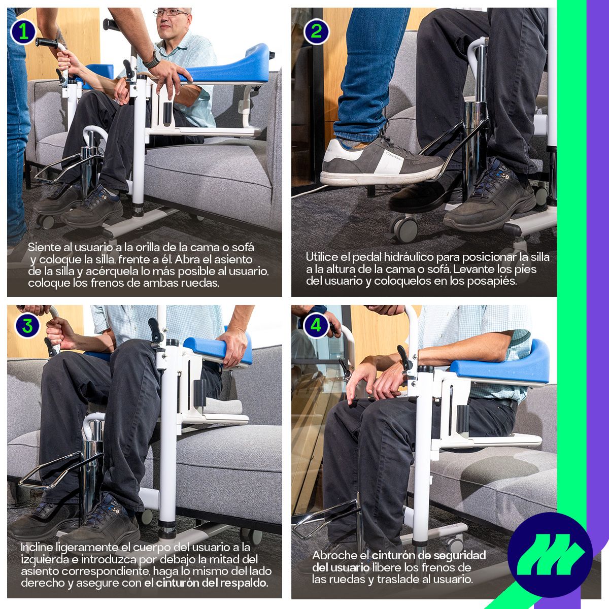 Ruedas silenciosas de grado médico con sistema de frenado que garantizan estabilidad y seguridad durante el traslado.