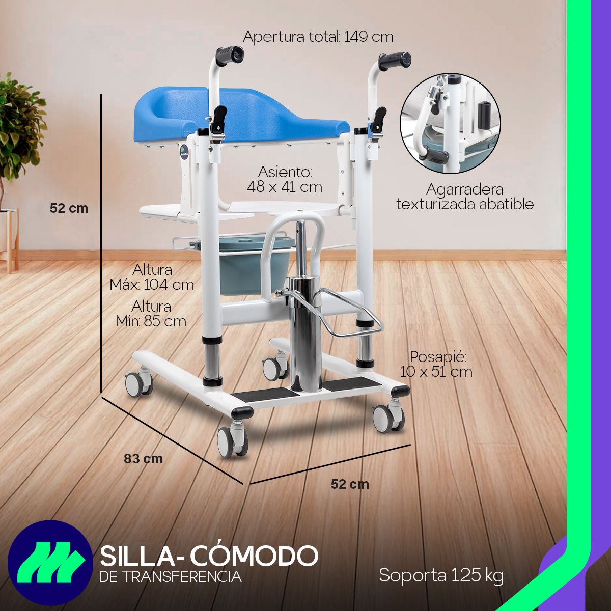 Silla cómodo hidráulica de transferencia utilizada en hogar, clínica u hospital, mostrando su versatilidad y funcionalidad diaria.