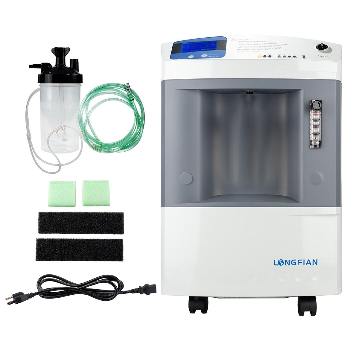 Concentrador de Oxígeno Longfian 10 Litros Estacionario Médico con Pantalla LCD Alarmas de Seguridad y Humidificador Integrado Bajo Nivel Sonoro Alto Rendimiento