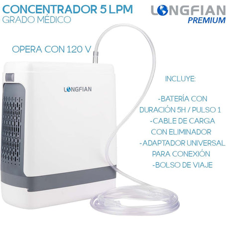 Concentrador de Oxígeno Longfian 5L Portátil para Uso Médico y Doméstico con Control de Flujo y Filtro Incluido Silencioso con Pantalla Digital Batería de 5 Horas y Bolso de Viaje Terapia Respiratoria en Casa