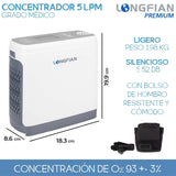 Concentrador de Oxígeno Longfian 5L Portátil para Uso Médico y Doméstico con Control de Flujo y Filtro Incluido Silencioso con Pantalla Digital Batería de 5 Horas y Bolso de Viaje Terapia Respiratoria en Casa