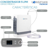 Concentrador de Oxígeno Longfian 5L Portátil para Uso Médico y Doméstico con Control de Flujo y Filtro Incluido Silencioso con Pantalla Digital Batería de 5 Horas y Bolso de Viaje Terapia Respiratoria en Casa
