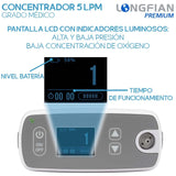 Concentrador de Oxígeno Longfian 5L Portátil para Uso Médico y Doméstico con Control de Flujo y Filtro Incluido Silencioso con Pantalla Digital Batería de 5 Horas y Bolso de Viaje Terapia Respiratoria en Casa