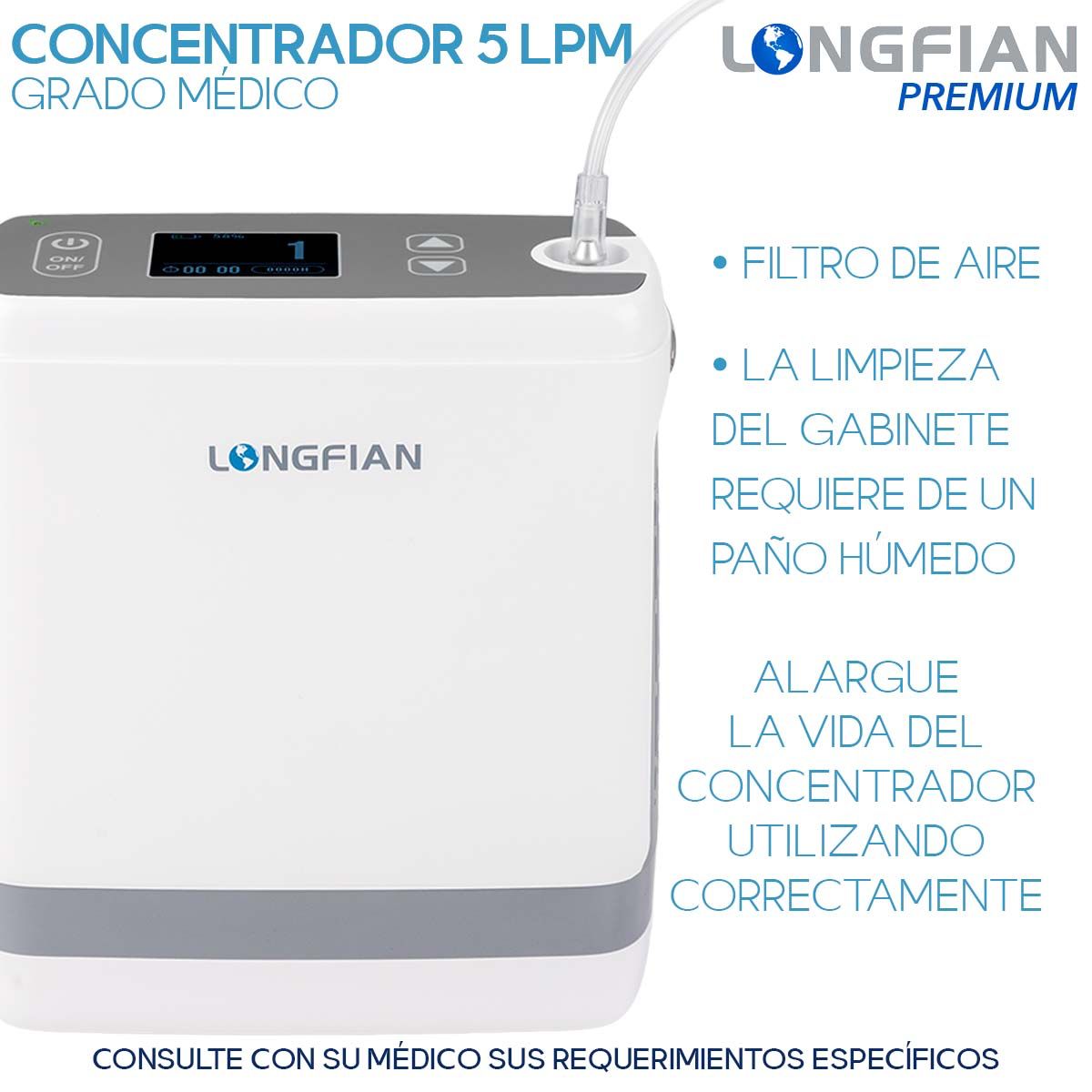Concentrador de Oxígeno Longfian 5L Portátil para Uso Médico y Doméstico con Control de Flujo y Filtro Incluido Silencioso con Pantalla Digital Batería de 5 Horas y Bolso de Viaje Terapia Respiratoria en Casa
