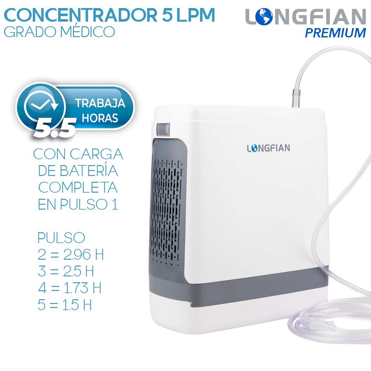 Concentrador de Oxígeno Longfian 5L Portátil para Uso Médico y Doméstico con Control de Flujo y Filtro Incluido Silencioso con Pantalla Digital Batería de 5 Horas y Bolso de Viaje Terapia Respiratoria en Casa