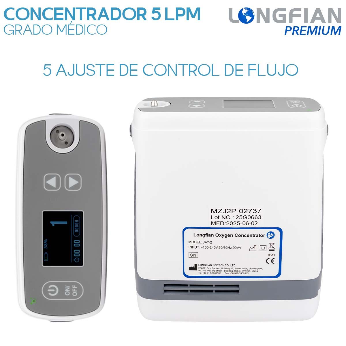 Concentrador de Oxígeno Longfian 5L Portátil para Uso Médico y Doméstico con Control de Flujo y Filtro Incluido Silencioso con Pantalla Digital Batería de 5 Horas y Bolso de Viaje Terapia Respiratoria en Casa