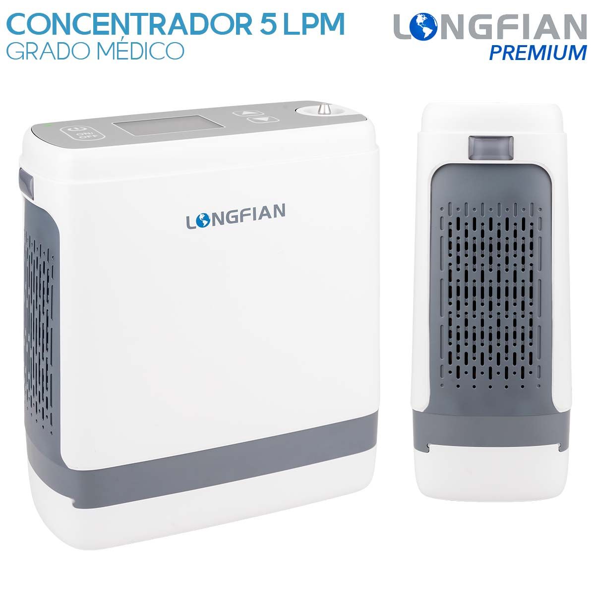 Concentrador de Oxígeno Longfian 5L Portátil para Uso Médico y Doméstico con Control de Flujo y Filtro Incluido Silencioso con Pantalla Digital Batería de 5 Horas y Bolso de Viaje Terapia Respiratoria en Casa