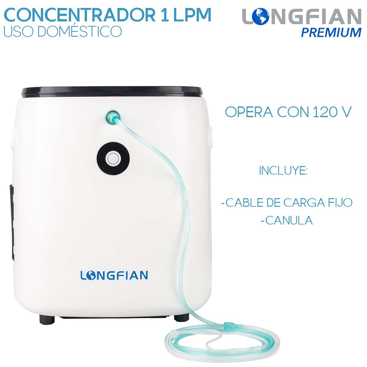 Concentrador de Oxígeno Longfian 7 Litros Uso Doméstico Portátil Silencioso con Pantalla LCD y Regulador de Flujo Bajo Nivel Sonoro,