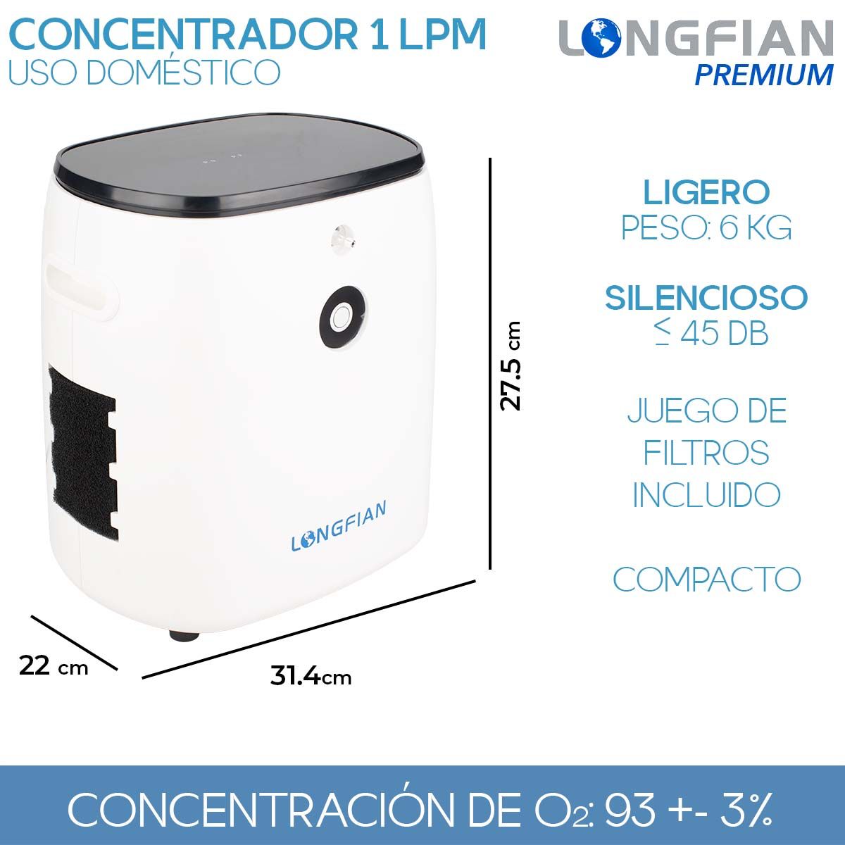 Concentrador de Oxígeno Longfian 7 Litros Uso Doméstico Portátil Silencioso con Pantalla LCD y Regulador de Flujo Bajo Nivel Sonoro,