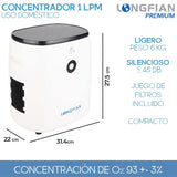 Concentrador de Oxígeno Longfian 7 Litros Uso Doméstico Portátil Silencioso con Pantalla LCD y Regulador de Flujo Bajo Nivel Sonoro,