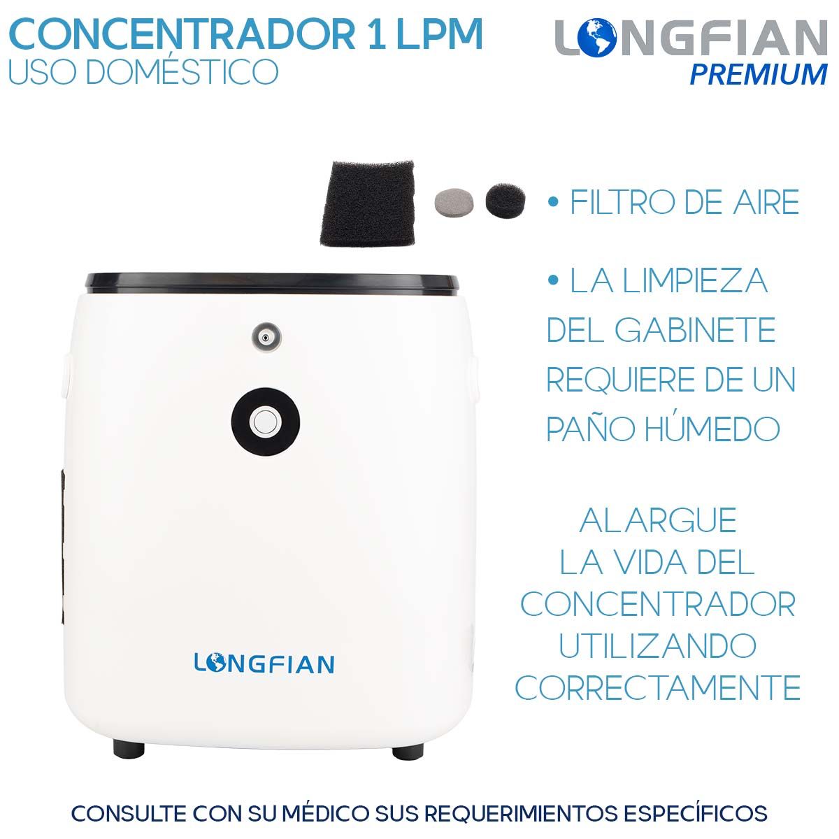 Concentrador de Oxígeno Longfian 7 Litros Uso Doméstico Portátil Silencioso con Pantalla LCD y Regulador de Flujo Bajo Nivel Sonoro,