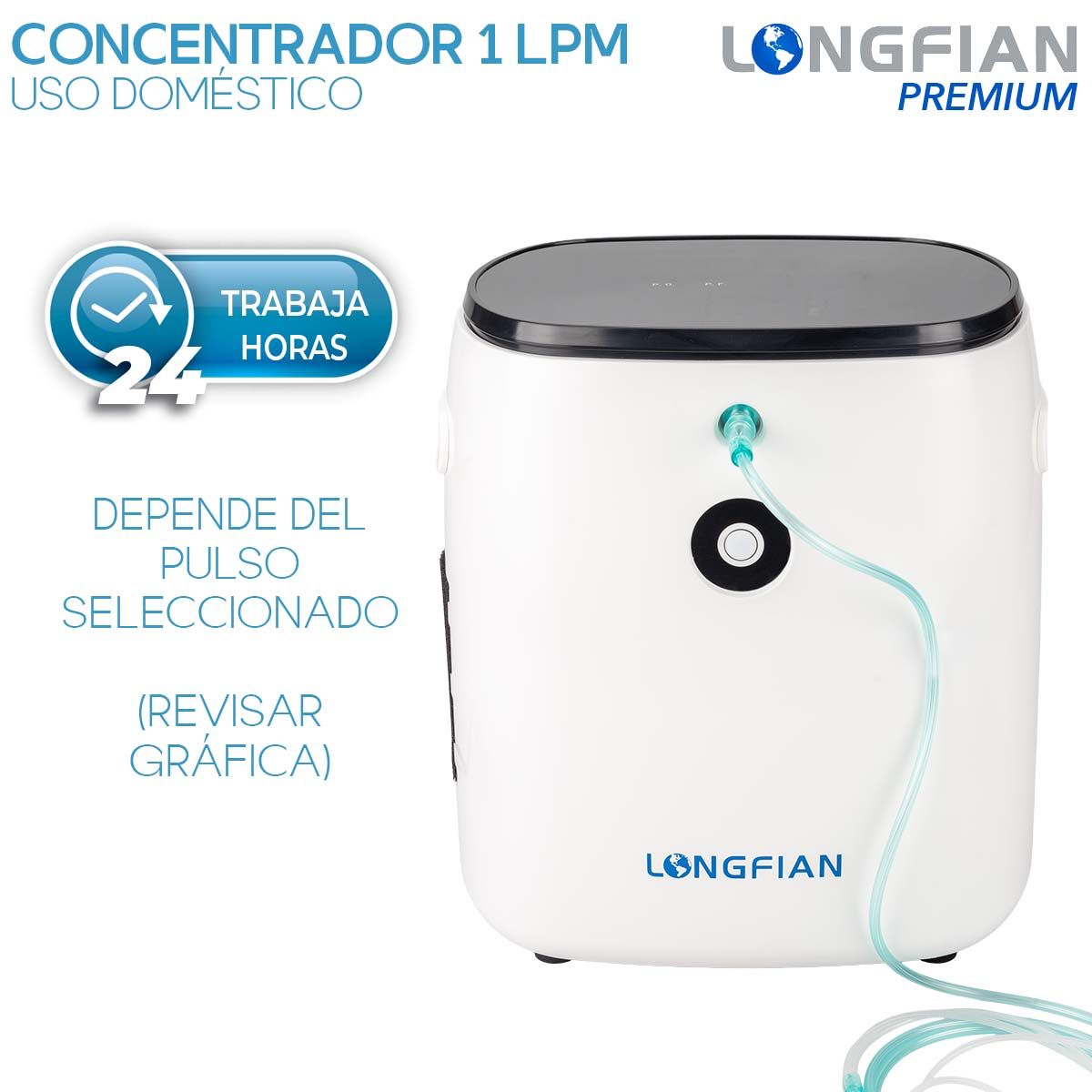 Concentrador de Oxígeno Longfian 7 Litros Uso Doméstico Portátil Silencioso con Pantalla LCD y Regulador de Flujo Bajo Nivel Sonoro,