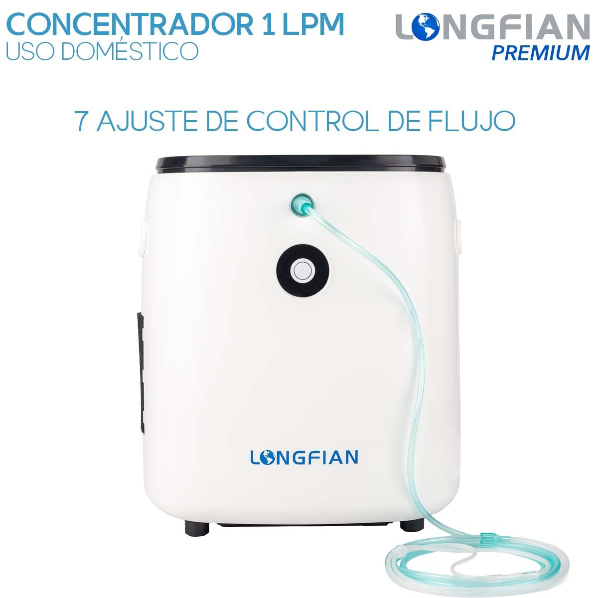 Concentrador de Oxígeno Longfian 7 Litros Uso Doméstico Portátil Silencioso con Pantalla LCD y Regulador de Flujo Bajo Nivel Sonoro,