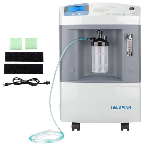 Concentrador de Oxígeno Longfian 10 Litros Estacionario Médico con Pantalla LCD Alarmas de Seguridad y Humidificador Integrado Bajo Nivel Sonoro Alto Rendimiento