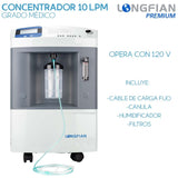 Concentrador de Oxígeno Longfian 10 Litros Estacionario Médico con Pantalla LCD Alarmas de Seguridad y Humidificador Integrado Bajo Nivel Sonoro Alto Rendimiento