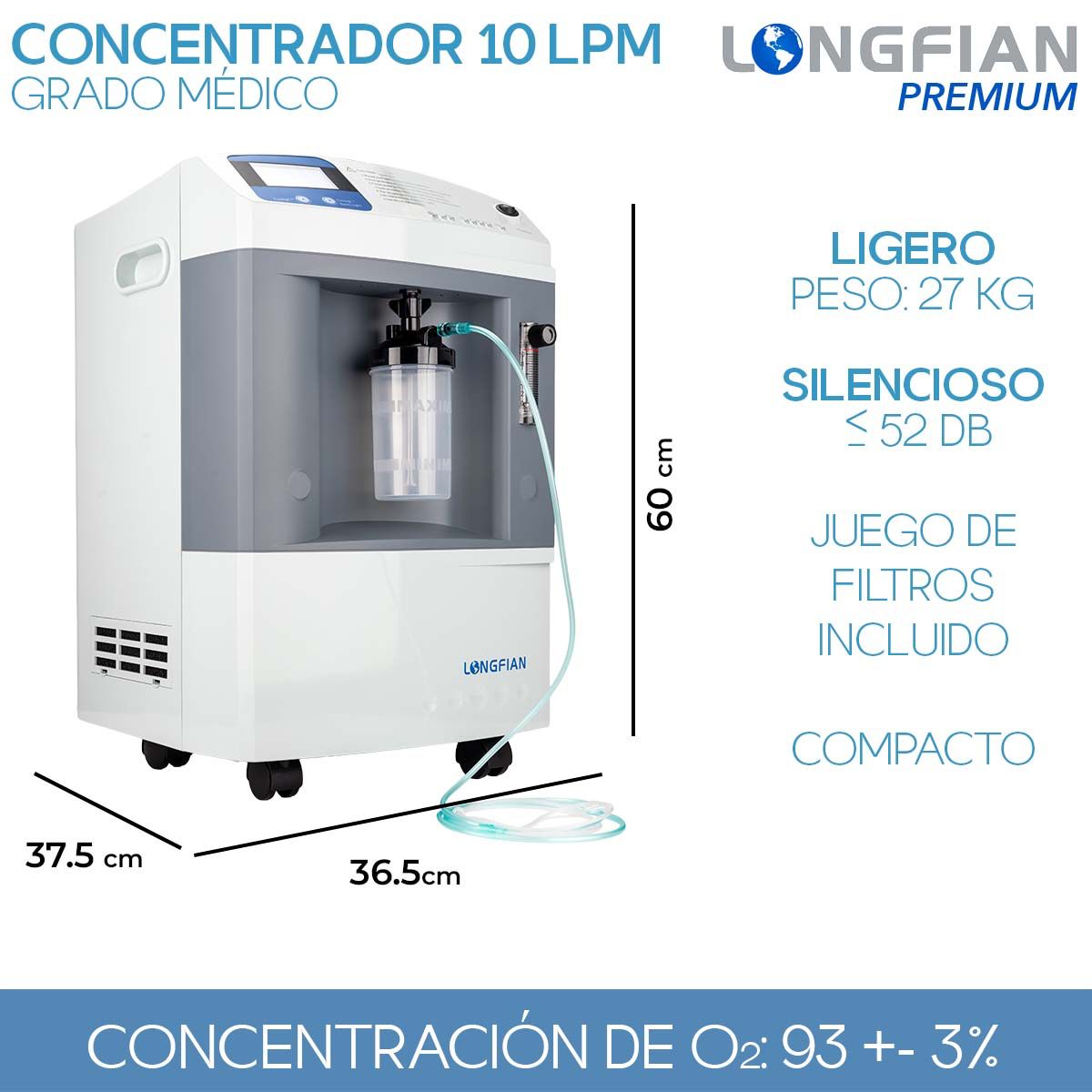 Concentrador de Oxígeno Longfian 10 Litros Estacionario Médico con Pantalla LCD Alarmas de Seguridad y Humidificador Integrado Bajo Nivel Sonoro Alto Rendimiento