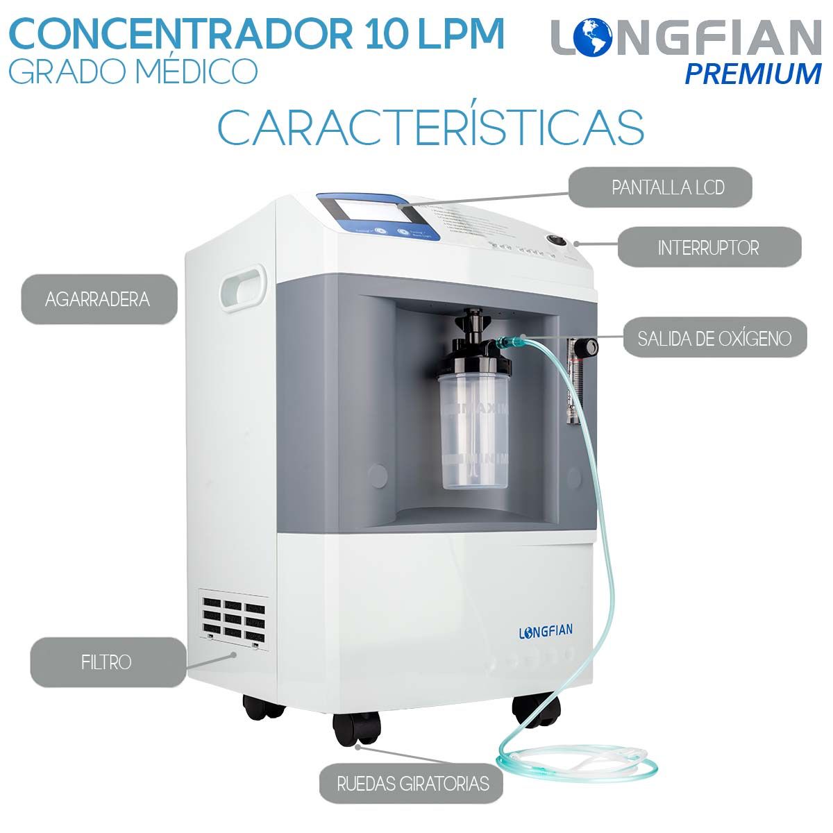 Concentrador de Oxígeno Longfian 10 Litros Estacionario Médico con Pantalla LCD Alarmas de Seguridad y Humidificador Integrado Bajo Nivel Sonoro Alto Rendimiento