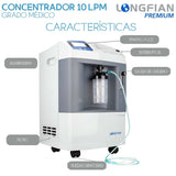 Concentrador de Oxígeno Longfian 10 Litros Estacionario Médico con Pantalla LCD Alarmas de Seguridad y Humidificador Integrado Bajo Nivel Sonoro Alto Rendimiento