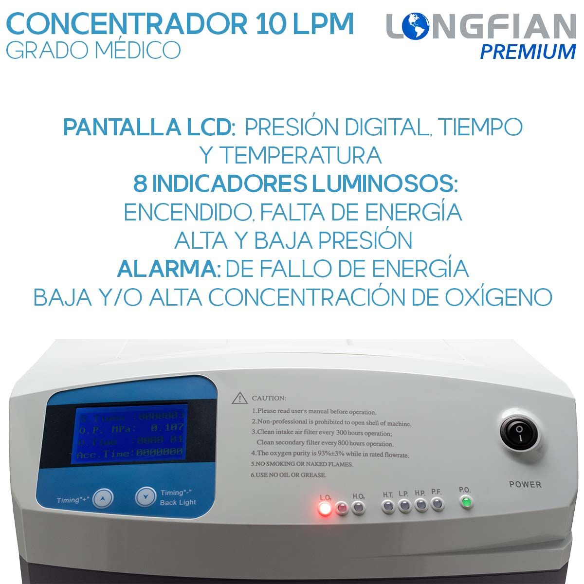 Concentrador de Oxígeno Longfian 10 Litros Estacionario Médico con Pantalla LCD Alarmas de Seguridad y Humidificador Integrado Bajo Nivel Sonoro Alto Rendimiento